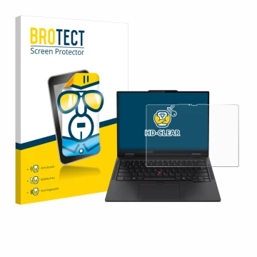 Front side of a product packaging with the brand logo BROTECT. Next to it is the device Lenovo ThinkPad T14s 2-in-1 shown with