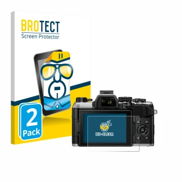 Front side of a product packaging with the brand logo BROTECT. Next to it is the device Olympus OM System OM-5 Mark II shown w
