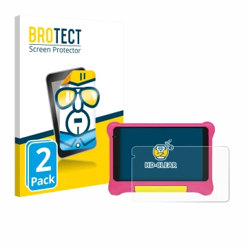 Front side of a product packaging with the brand logo BROTECT. Next to it is the device Happybe Kids Tablet 7