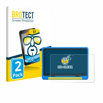 Front side of a product packaging with the brand logo BROTECT. Next to it is the device Happybe Kids Tablet 10