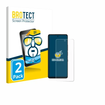 Front side of a product packaging with the brand logo BROTECT. Next to it is the device TCL 50 Pro NXTPaper 5G shown with the 