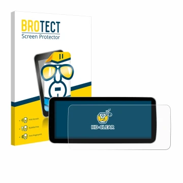 Front side of a product packaging with the brand logo BROTECT. Next to it is the device Ninetom Car Radio 12.3