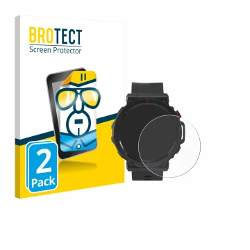 Front side of a product packaging with the brand logo BROTECT. Next to it is the device Crivit Sport-Smartwatch shown with the