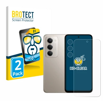 Front side of a product packaging with the brand logo BROTECT. Next to it is the device Xiaomi Redmi 15 (Front+Camera) shown w