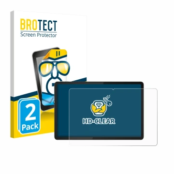 Front side of a product packaging with the brand logo BROTECT. Next to it is the device Lenovo Tab K11e shown with the corresp