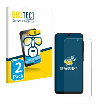 Front side of a product packaging with the brand logo BROTECT. Next to it is the device Samsung Galaxy A17 5G shown with the c