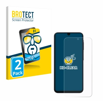 Front side of a product packaging with the brand logo BROTECT. Next to it is the device Samsung Galaxy A17 4G shown with the c