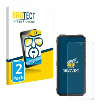 Front side of a product packaging with the brand logo BROTECT. Next to it is the device Cubot King Kong 11 shown with the corr