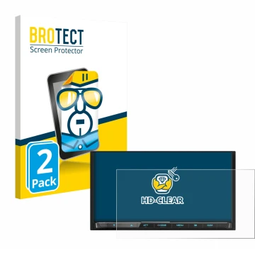 Front side of a product packaging with the brand logo BROTECT. Next to it is the device Kenwood DMX8021DABS shown with the cor