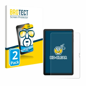 Front side of a product packaging with the brand logo BROTECT. Next to it is the device Telekom T Tablet 2 shown with the corr