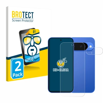 Front side of a product packaging with the brand logo BROTECT. Next to it is the device Google Pixel 10 (Front+Camera) shown w