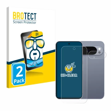 Front side of a product packaging with the brand logo BROTECT. Next to it is the device Google Pixel 10 Pro (Front+Camera) sho