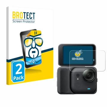 Front side of a product packaging with the brand logo BROTECT. Next to it is the device Insta360 Go Ultra shown with the corre