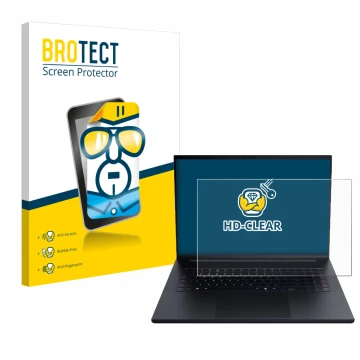 Front side of a product packaging with the brand logo BROTECT. Next to it is the device Razer Blade 18 2025 shown with the cor