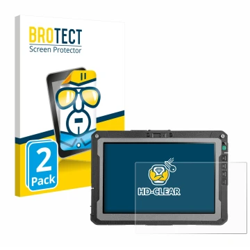 Front side of a product packaging with the brand logo BROTECT. Next to it is the device Getac ZX10 G2 shown with the correspon