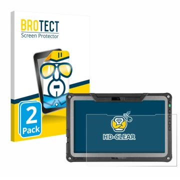 Front side of a product packaging with the brand logo BROTECT. Next to it is the device Getac F110 G7 shown with the correspon