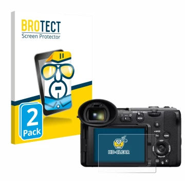 Front side of a product packaging with the brand logo BROTECT. Next to it is the device Sony Cinema Line FX2 shown with the co