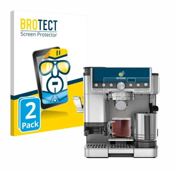 Front side of a product packaging with the brand logo BROTECT. Next to it is the device Ninja Luxe Cafe Pro ES701EU shown with