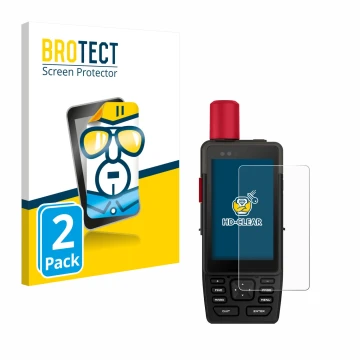 Front side of a product packaging with the brand logo BROTECT. Next to it is the device Garmin GPSMAP H1i Plus shown with the 
