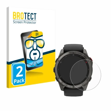 Front side of a product packaging with the brand logo BROTECT. Next to it is the device Garmin Fenix 8 Pro MicroLED (51 mm) sh
