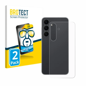 Front side of a product packaging with the brand logo BROTECT. Next to it is the device Samsung Galaxy S25 FE (Back) shown wit