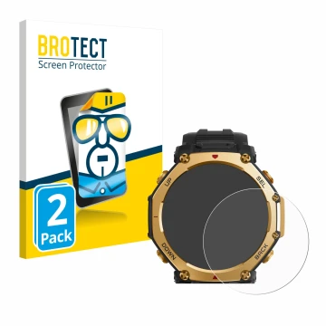 Front side of a product packaging with the brand logo BROTECT. Next to it is the device Huami Amazfit T-Rex 3 Pro (48 mm) show