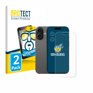 Front side of a product packaging with the brand logo BROTECT. Next to it is the device Apple iPhone 17 (Front+Camera) shown w