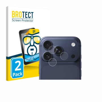 Front side of a product packaging with the brand logo BROTECT. Next to it is the device Apple iPhone 17 Pro (ONLY Camera Lens)