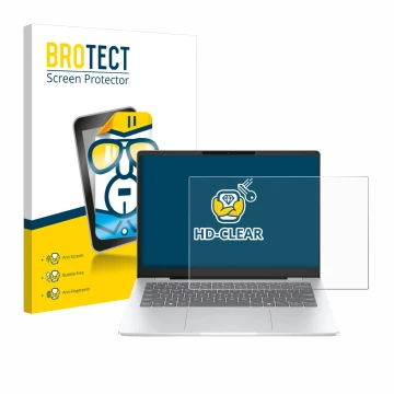 Front side of a product packaging with the brand logo BROTECT. Next to it is the device HP OmniBook 7 14
