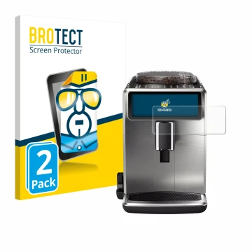 Front side of a product packaging with the brand logo BROTECT. Next to it is the device Philips Saeco Xelsis Suprema shown wit