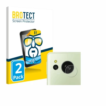 Front side of a product packaging with the brand logo BROTECT. Next to it is the device Sharp Aquos Sense 8 (ONLY Camera) show