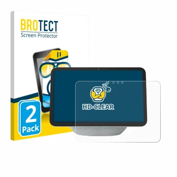 Front side of a product packaging with the brand logo BROTECT. Next to it is the device Amazon Echo Show 11 2025 shown with th