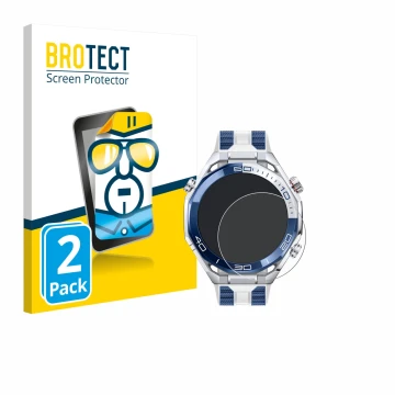 Front side of a product packaging with the brand logo BROTECT. Next to it is the device Huawei Watch Ultimate 2 Blue shown wit