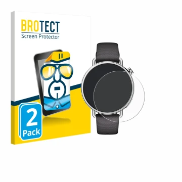 Front side of a product packaging with the brand logo BROTECT. Next to it is the device Xiaomi Watch S4 (41 mm) shown with the