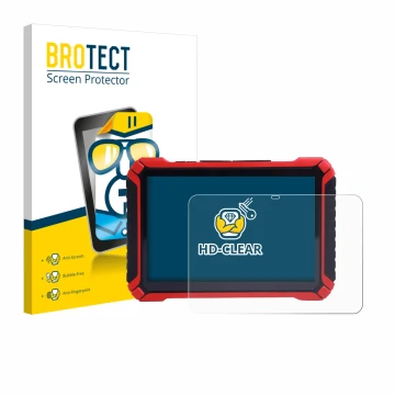 Front side of a product packaging with the brand logo BROTECT. Next to it is the device Launch X-431 Pad IX shown with the cor