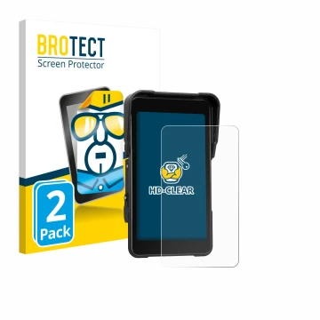 Front side of a product packaging with the brand logo BROTECT. Next to it is the device CAMECHO Motorrad Carplay 5