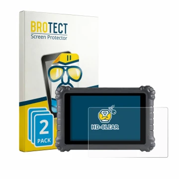 Front side of a product packaging with the brand logo BROTECT. Next to it is the device Autel MaxiSys MS906 Pro shown with the