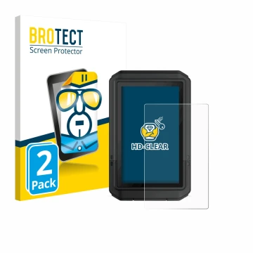 Front side of a product packaging with the brand logo BROTECT. Next to it is the device Garmin eTrex Touch 2025 shown with the