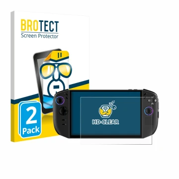 Front side of a product packaging with the brand logo BROTECT. Next to it is the device Lenovo Legion Go Gen 2 shown with the 