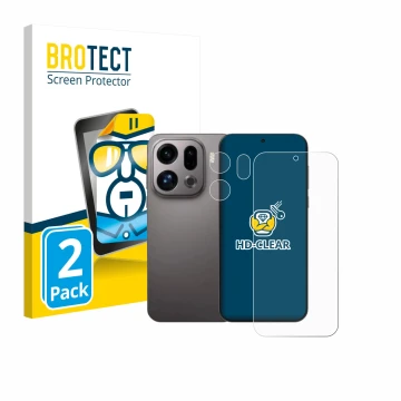 Front side of a product packaging with the brand logo BROTECT. Next to it is the device Oppo Find X9 (Front+Camera) shown with