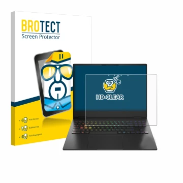 Front side of a product packaging with the brand logo BROTECT. Next to it is the device HP Omen Transcend 16-u1000nl shown wit