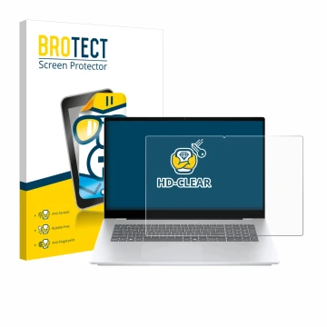 Front side of a product packaging with the brand logo BROTECT. Next to it is the device HP OmniBook 7 17-dc shown with the cor