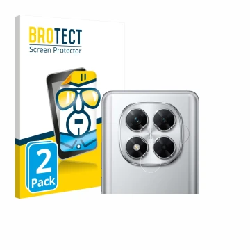 Front side of a product packaging with the brand logo BROTECT. Next to it is the device Xiaomi Poco X7 (ONLY Camera Lens) show