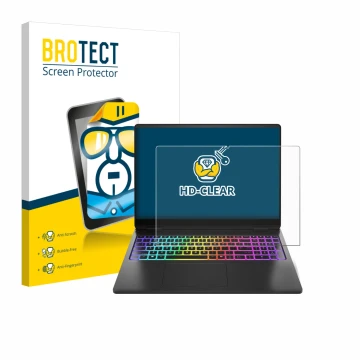 Front side of a product packaging with the brand logo BROTECT. Next to it is the device HP Omen Max 16 shown with the correspo