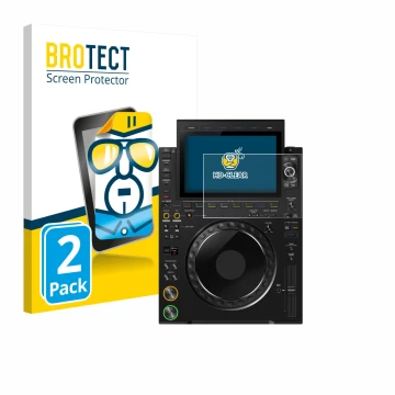 Front side of a product packaging with the brand logo BROTECT. Next to it is the device Pioneer CDJ 3000X shown with the corre