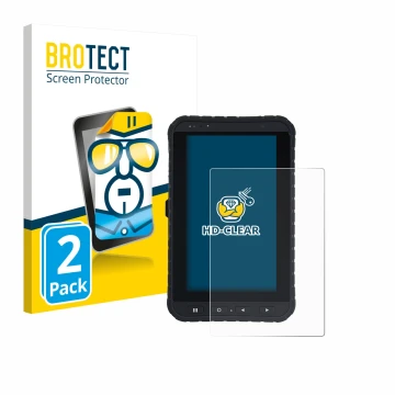 Front side of a product packaging with the brand logo BROTECT. Next to it is the device Winmate M700DQ8 shown with the corresp