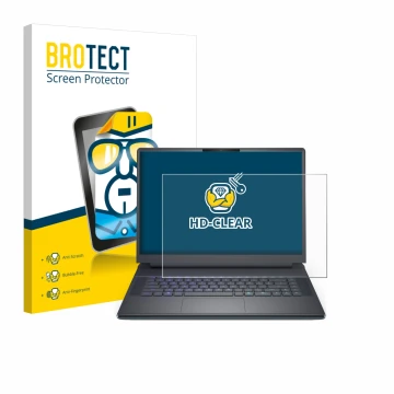 Front side of a product packaging with the brand logo BROTECT. Next to it is the device Dell Alienware 16 Area-51 shown with t