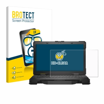 Front side of a product packaging with the brand logo BROTECT. Next to it is the device Dell Pro Rugged 14 Laptop shown with t