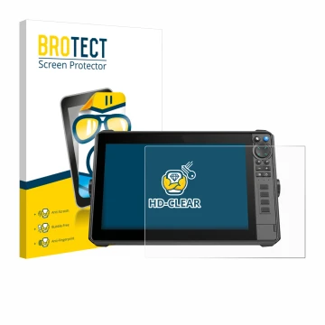 Front side of a product packaging with the brand logo BROTECT. Next to it is the device Lowrance HDS-12 Pro shown with the cor