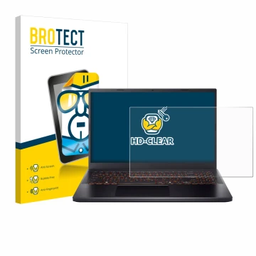 Front side of a product packaging with the brand logo BROTECT. Next to it is the device Acer Nitro V 15 shown with the corresp